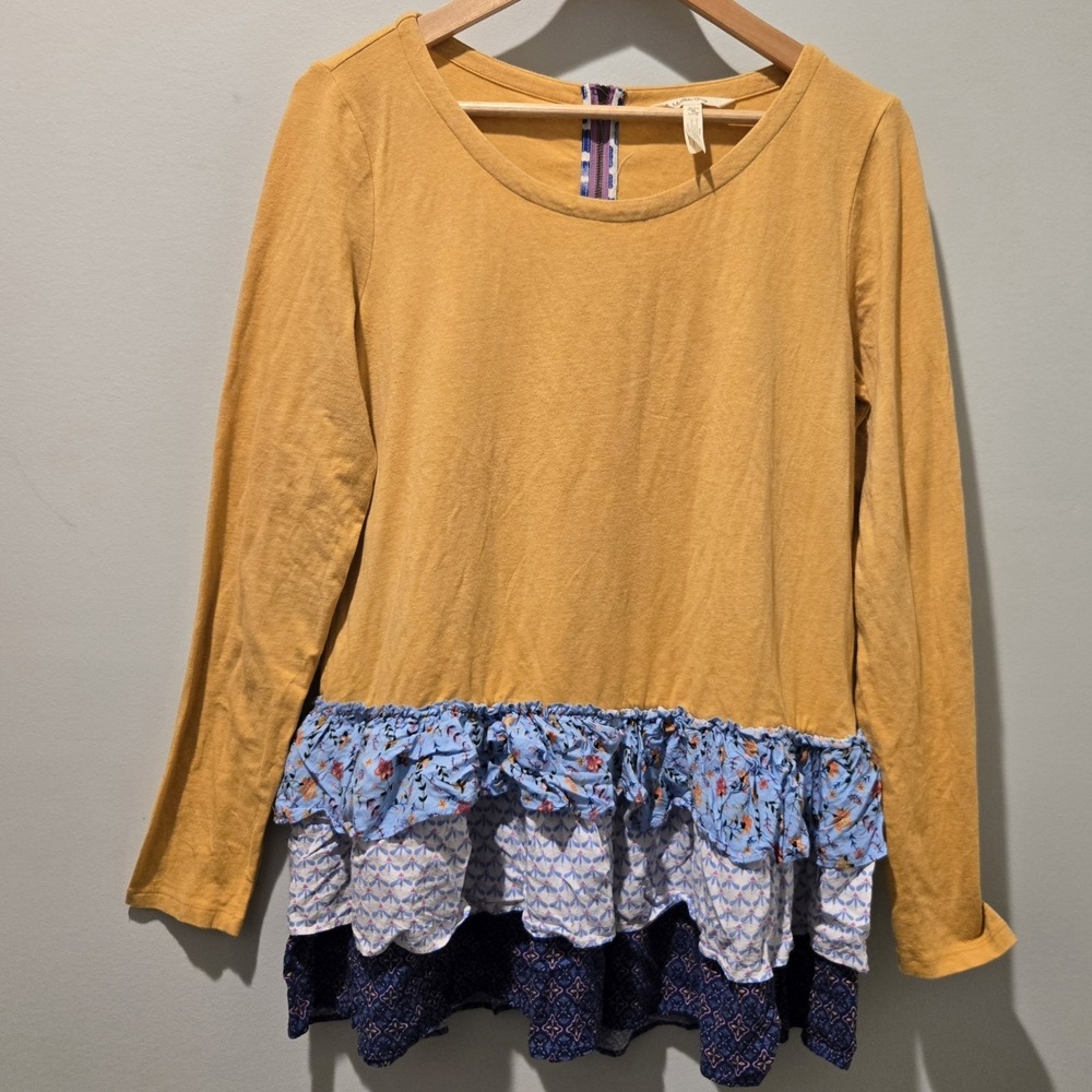 Matilda Jane Weekend Vibes Mixed‎ Media Floral Tiered Ruffle Hem Shirt Size Med